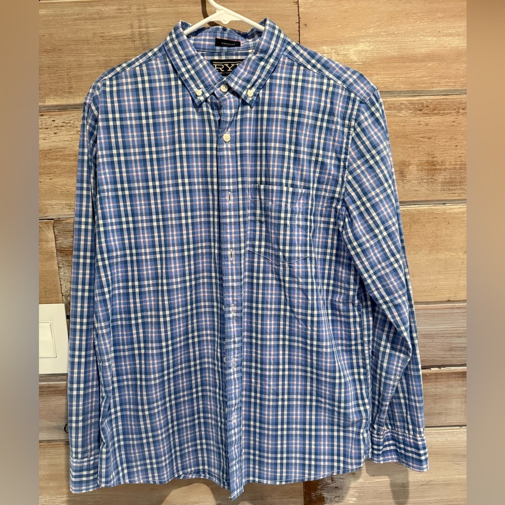 Men's Blue and White Plaid Button-Down Shirt Size Medium Short